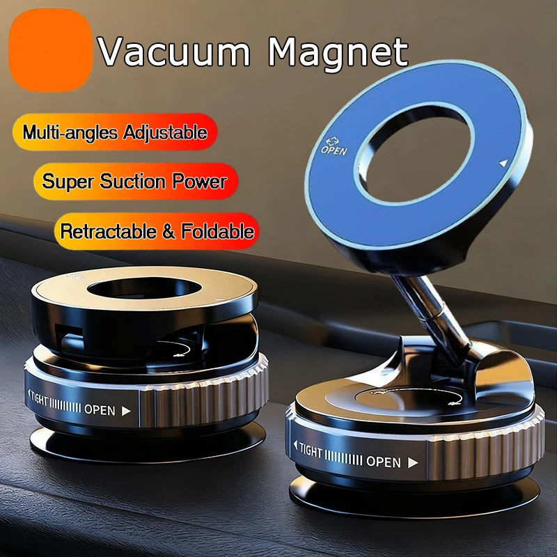 Two black, foldable magnetic car phone mounts with blue circular pads, shown in folded and extended positions.