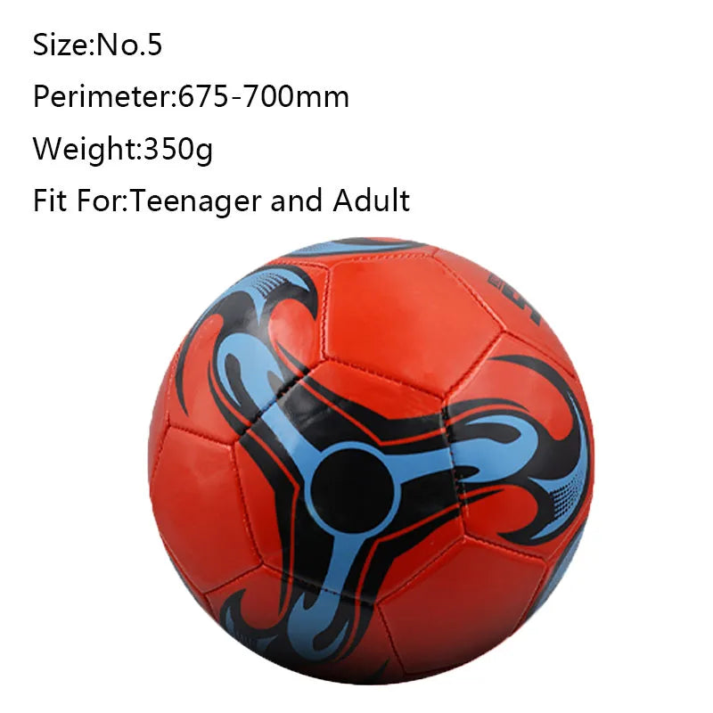 Size 5 football in red with a black and blue graphic flame design. Suitable for teenagers and adults.