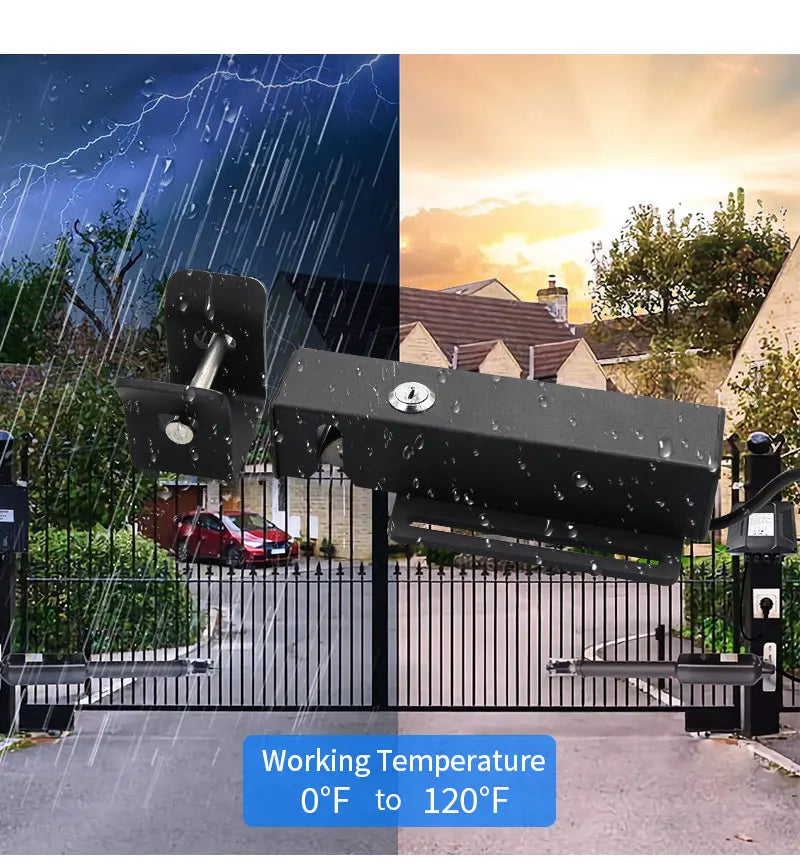 Black metal automatic gate lock with a key cylinder, designed for outdoor use in rain and various temperatures.