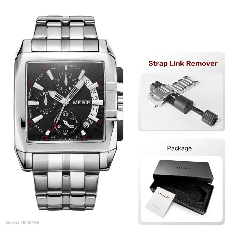 Men’s silver-tone stainless steel chronograph watch with a square black dial, sub-dials, and a strap link adjustment tool.
