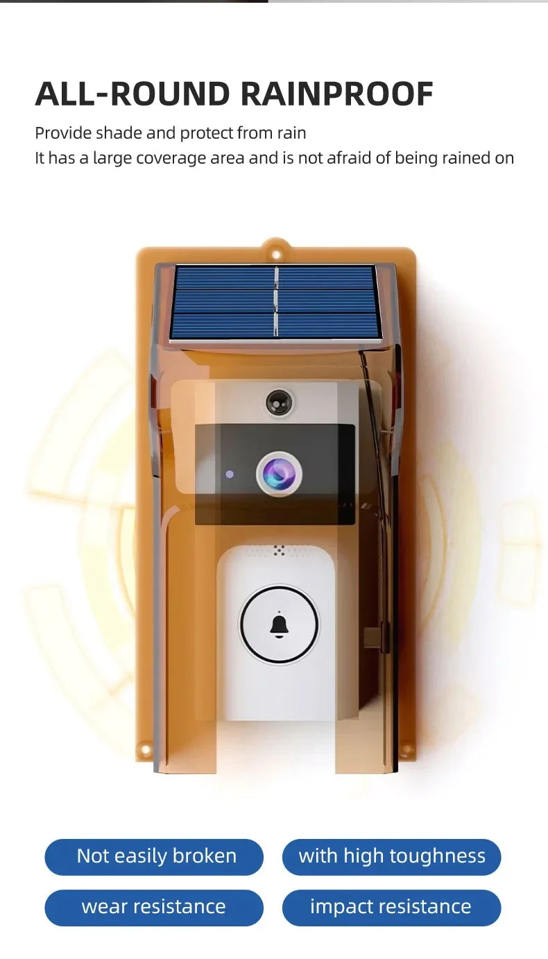 White and black wireless video doorbell inside a durable, transparent brown protective rain cover with a solar panel.