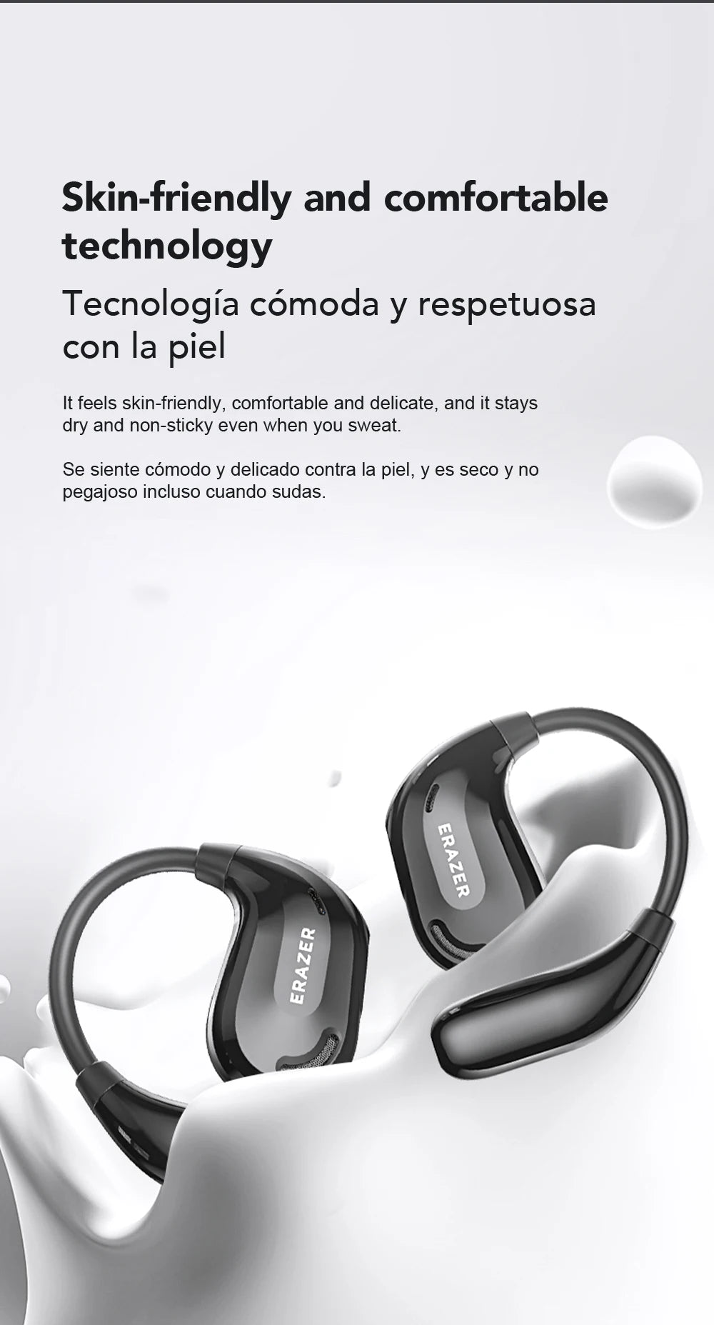 Black open-ear, wireless sports headphones with a sleek, ergonomic hook design on a white background.
