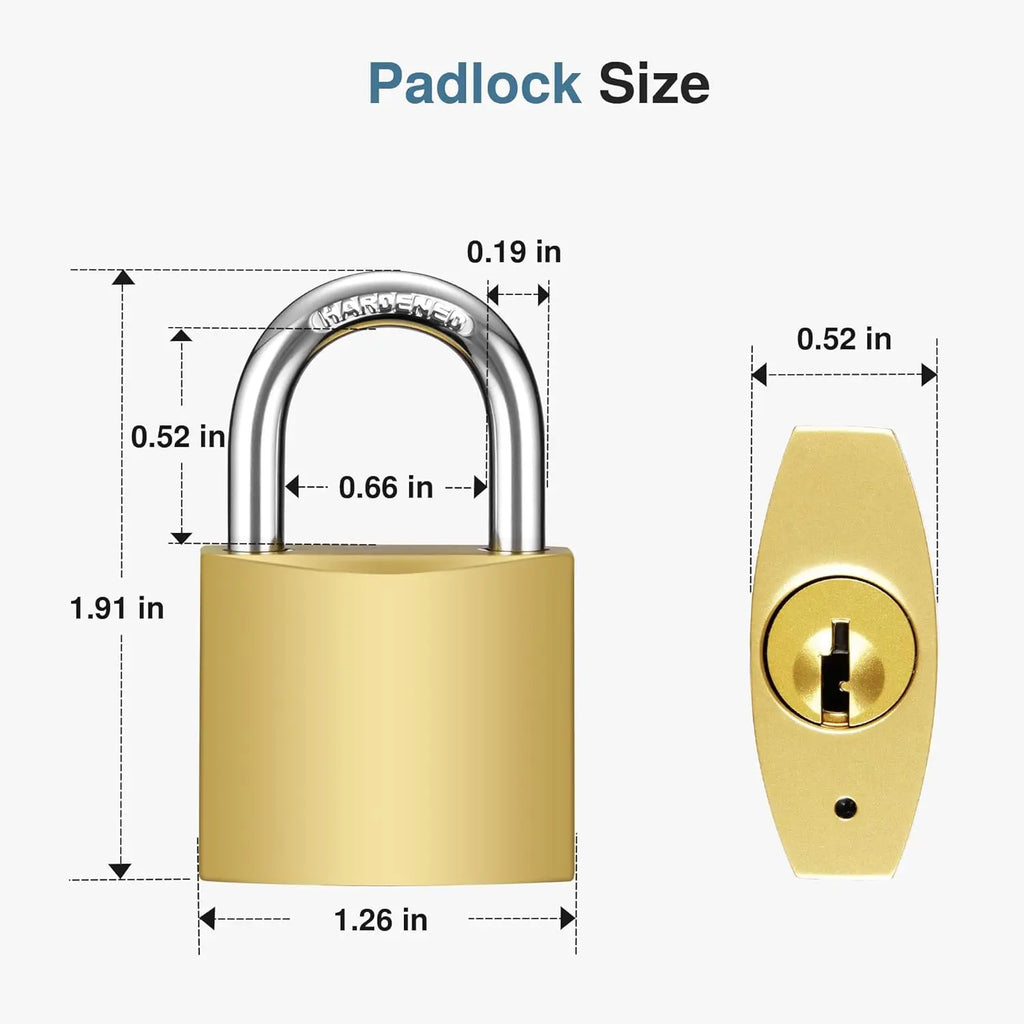 Gold-tone metal padlock with a silver hardened steel shackle, shown with dimension annotations.