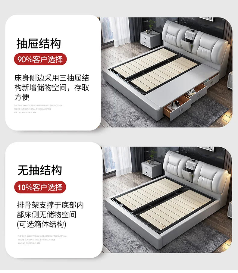 Minimalist grey upholstered king size bed with a cushioned headboard and optional side storage drawers.