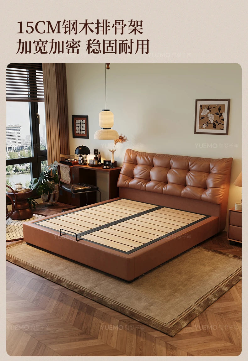 Modern Nordic-style double bed in brown, featuring a plush tufted headboard and a sturdy metal-framed wooden slat base.