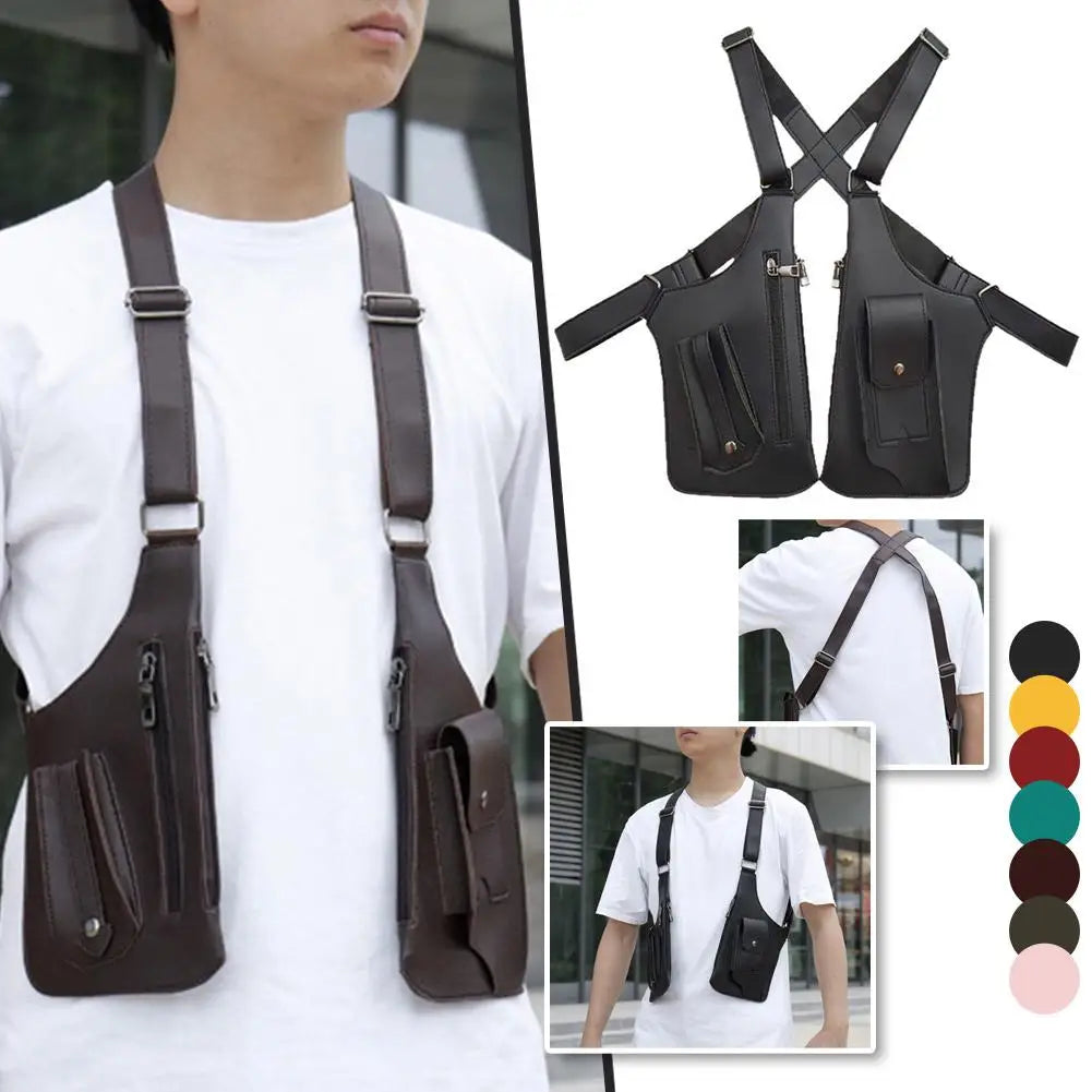 Mens retro tactical crossbody chest bag with adjustable dual shoulder straps, multiple zip pockets and button pouches.