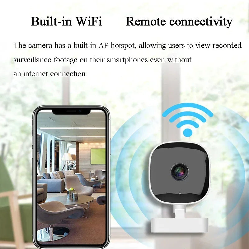 Compact white WiFi security camera with a sleek, rounded design and smartphone app connectivity.