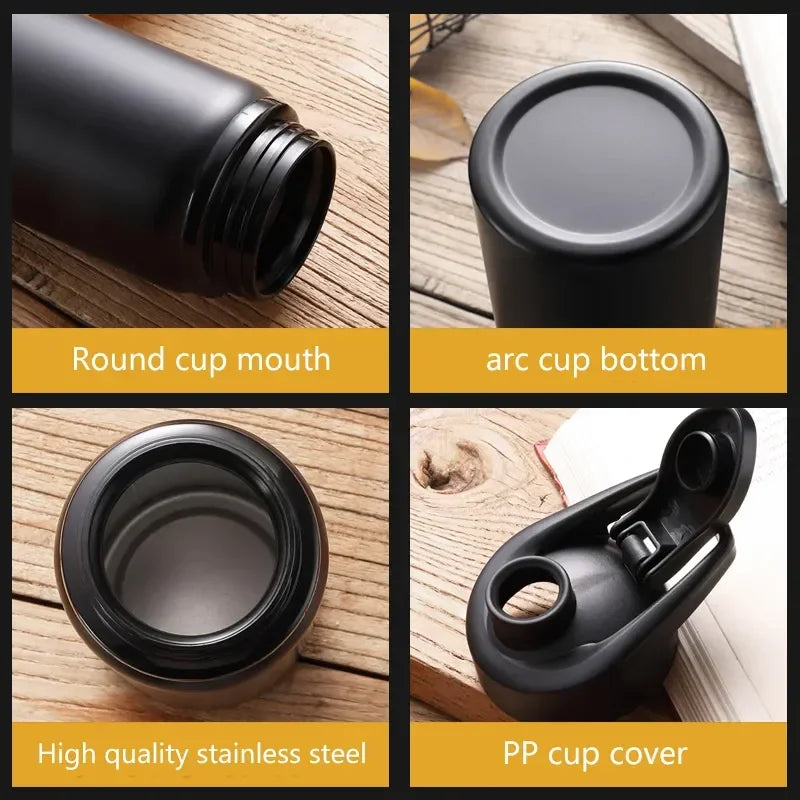 Four close-up views of a matte black stainless steel water bottle, showing the rim, base, interior, and flip lid.