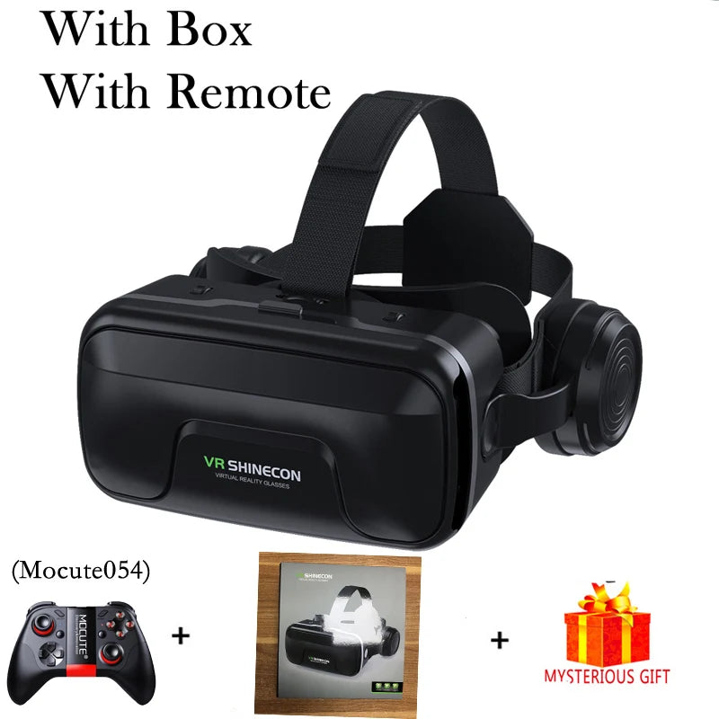 Black VR headset with adjustable strap and headphones, plus a handheld gaming controller and a gift box.