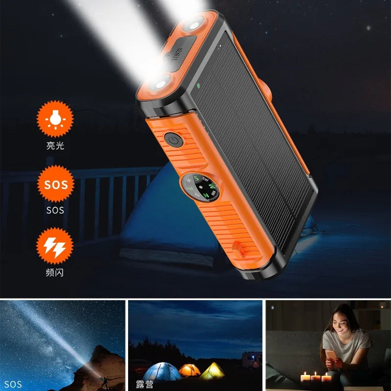 Rugged orange and black 20,000mAh solar power bank featuring a built-in torch, SOS light mode, and integrated compass.
