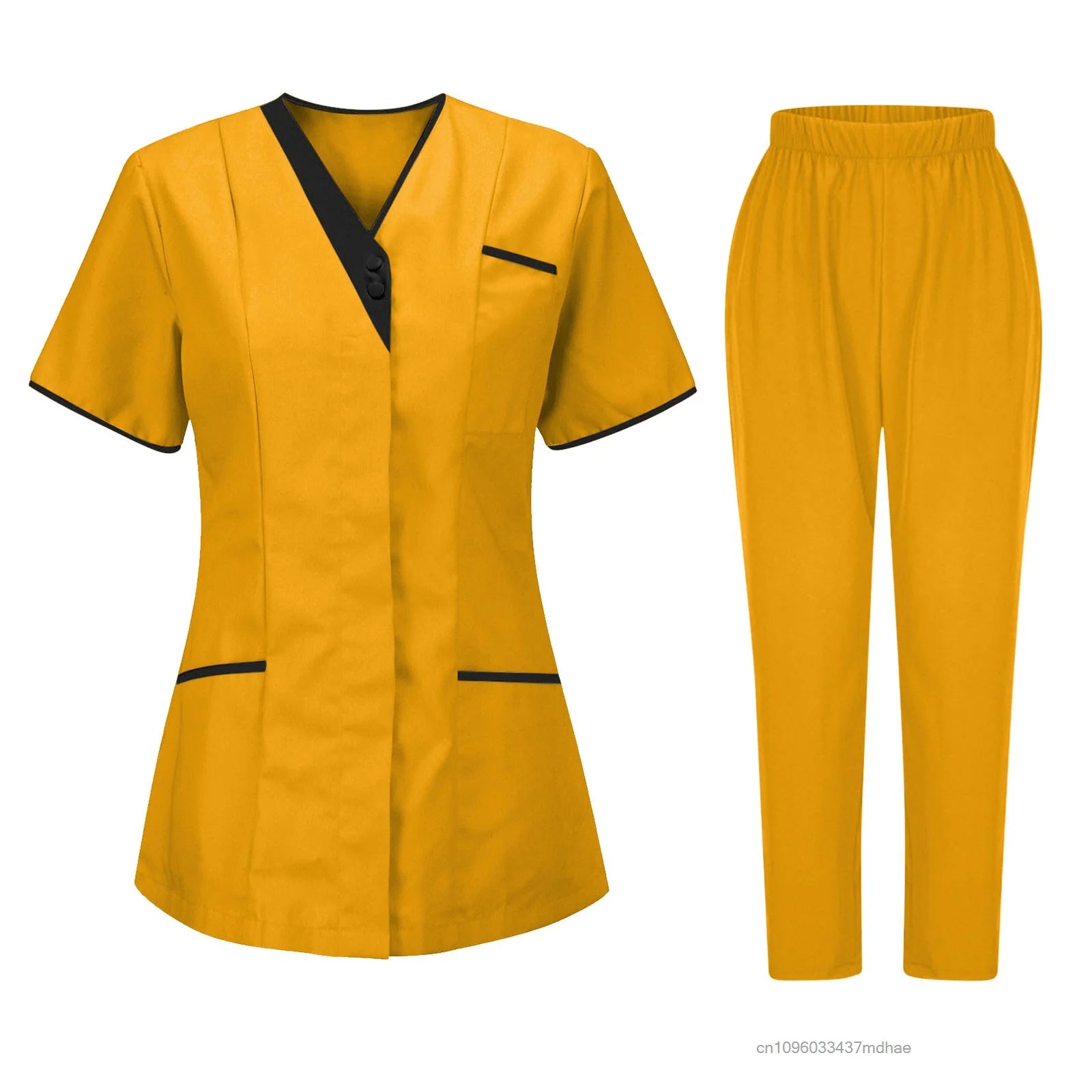 Women’s mustard yellow uniform set with V-neck top, black trim, short sleeves, and matching elasticated trousers.
