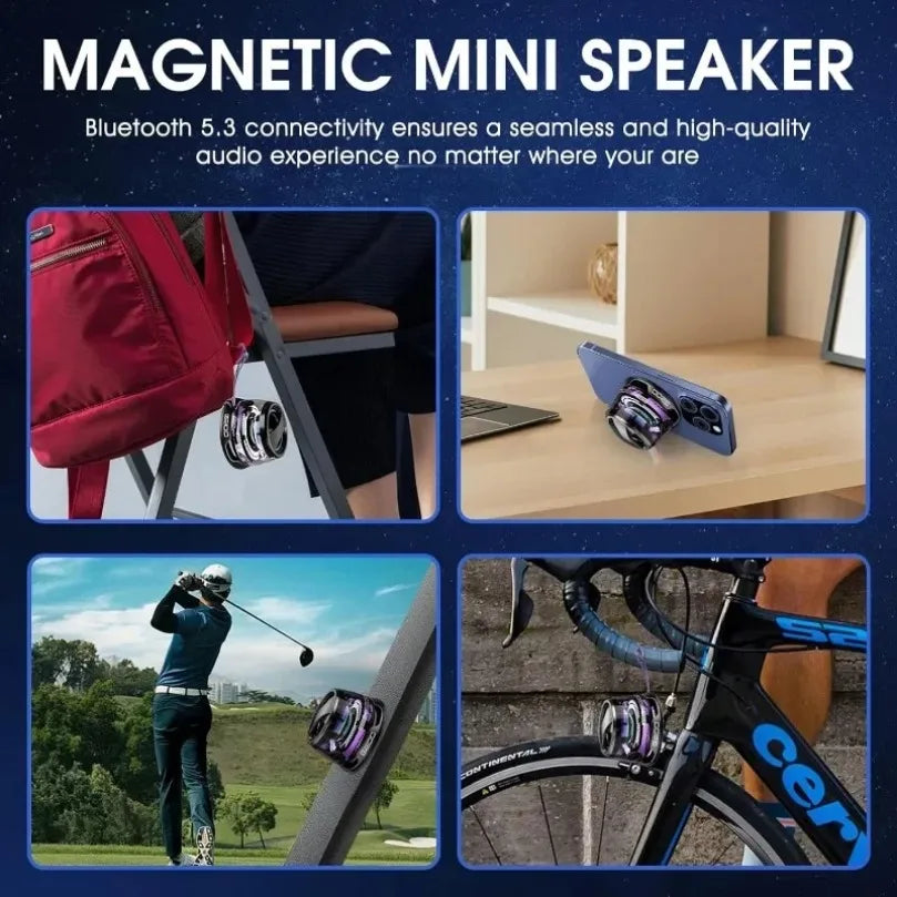 Portable magnetic Bluetooth speaker with colour-changing RGB lights, shown as a phone stand and attached to gear.