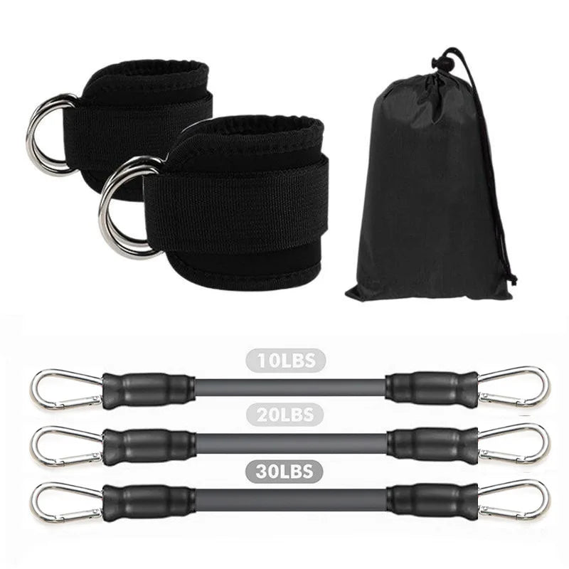Black ankle straps, three resistance bands (10lb, 20lb, 30lb) with carabiners, and a storage bag.