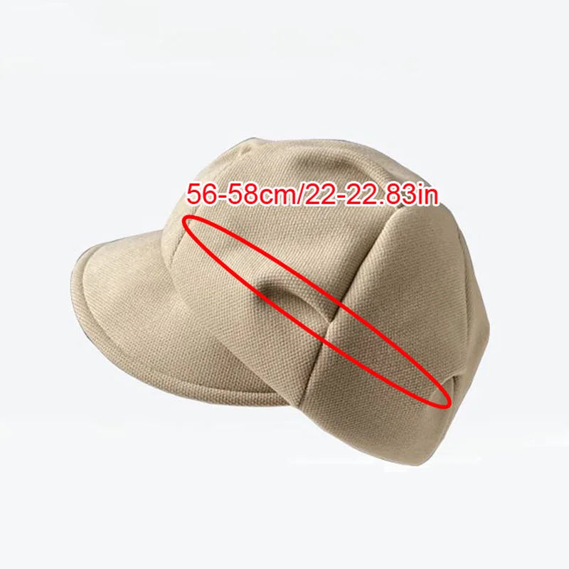 Beige retro-style newsboy beret with a short brim and textured fabric, sized 56-58cm.