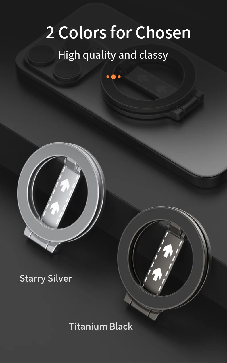 Two sleek, circular ring phone holders in Starry Silver and Titanium Black with arrow-marked foldable metal stands.