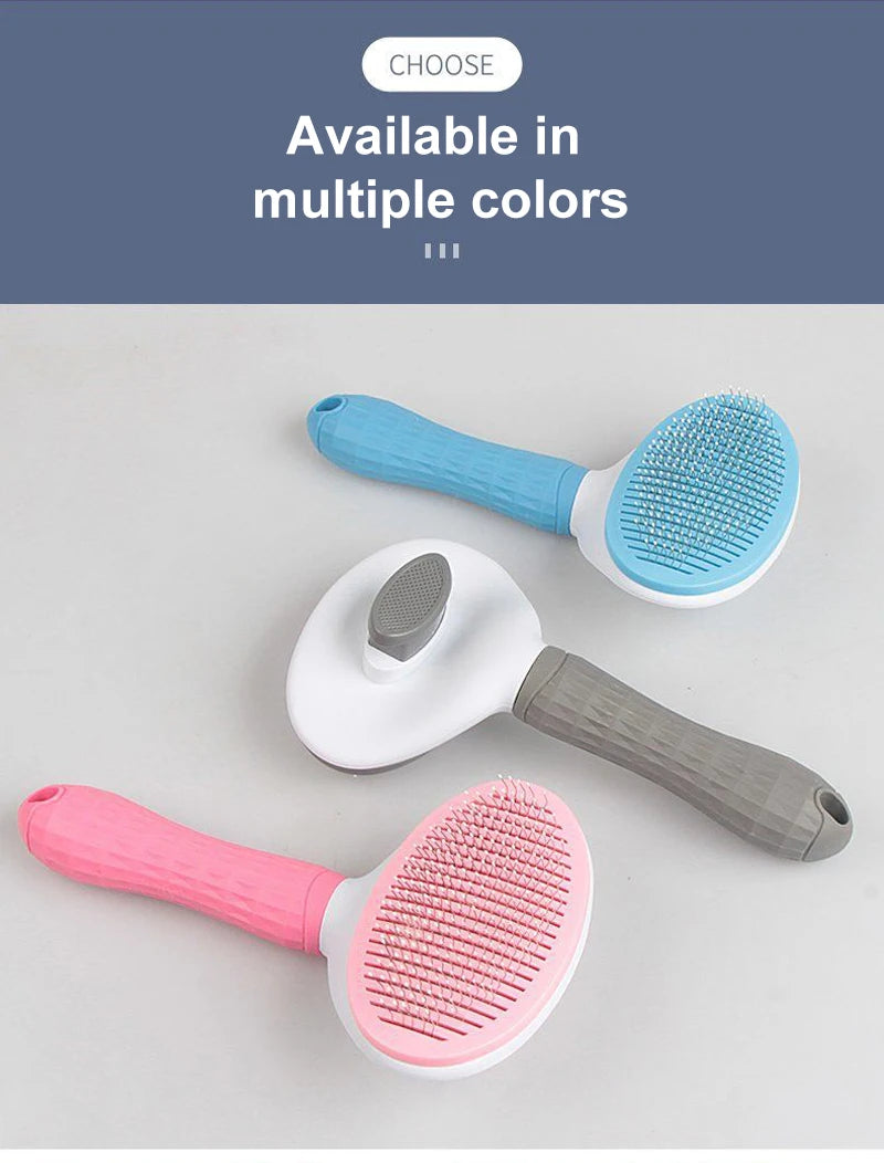 Three self-cleaning pet slicker brushes in blue, grey, and pink, each with a textured handle and pin-bristle head.