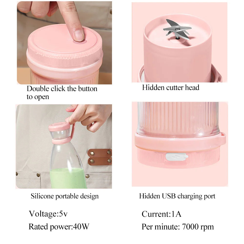 Portable pink blender with a hidden blade, USB charging port, and convenient silicone carry handle.