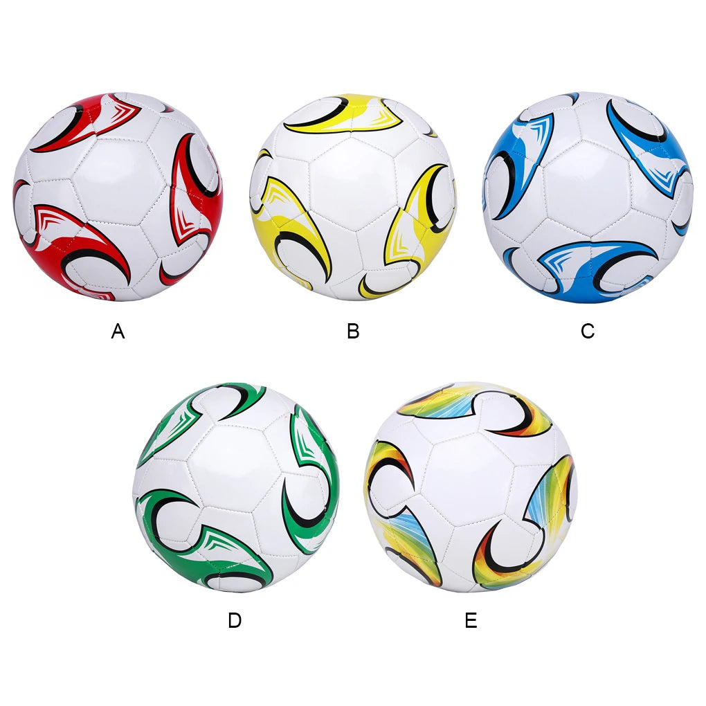Five white footballs with dynamic, multi-coloured graphic patterns in red, yellow, blue, green, and rainbow designs.