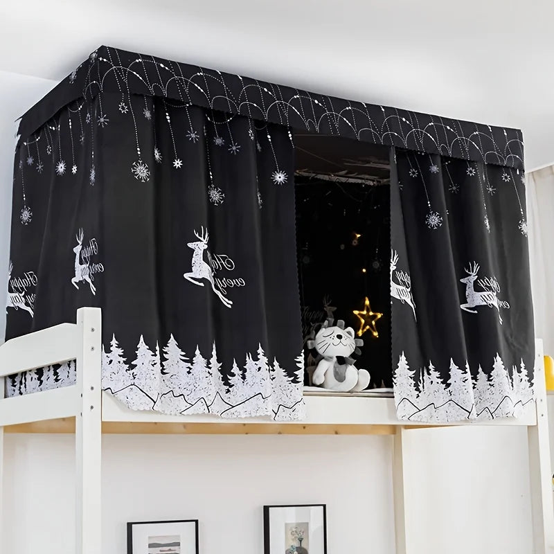 Blackout bed curtains in black with a white winter deer, snowflake and pine forest print on a bunk bed frame.