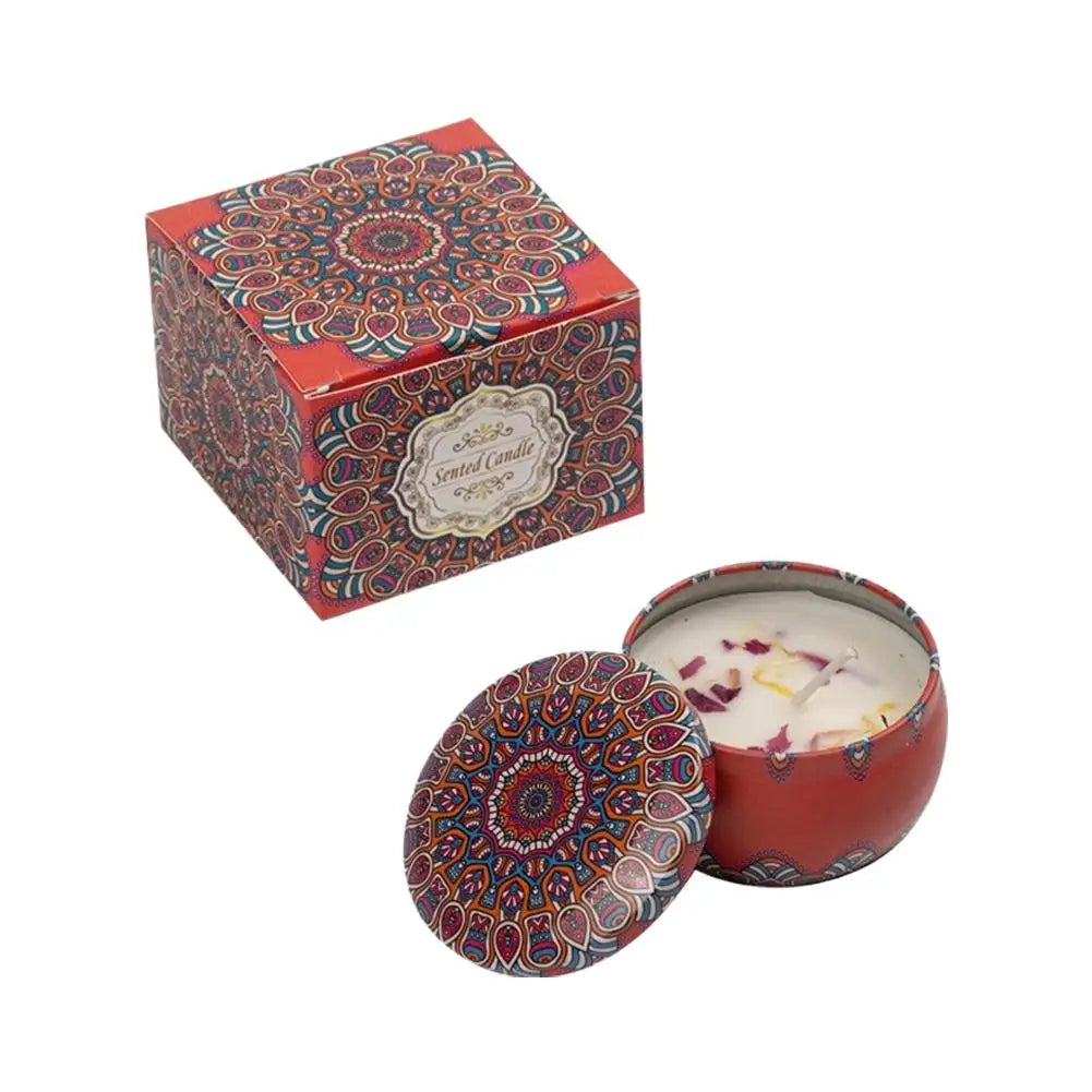 Scented candle in a red decorative tin with a floral mandala pattern and matching gift box with dried petal topping.