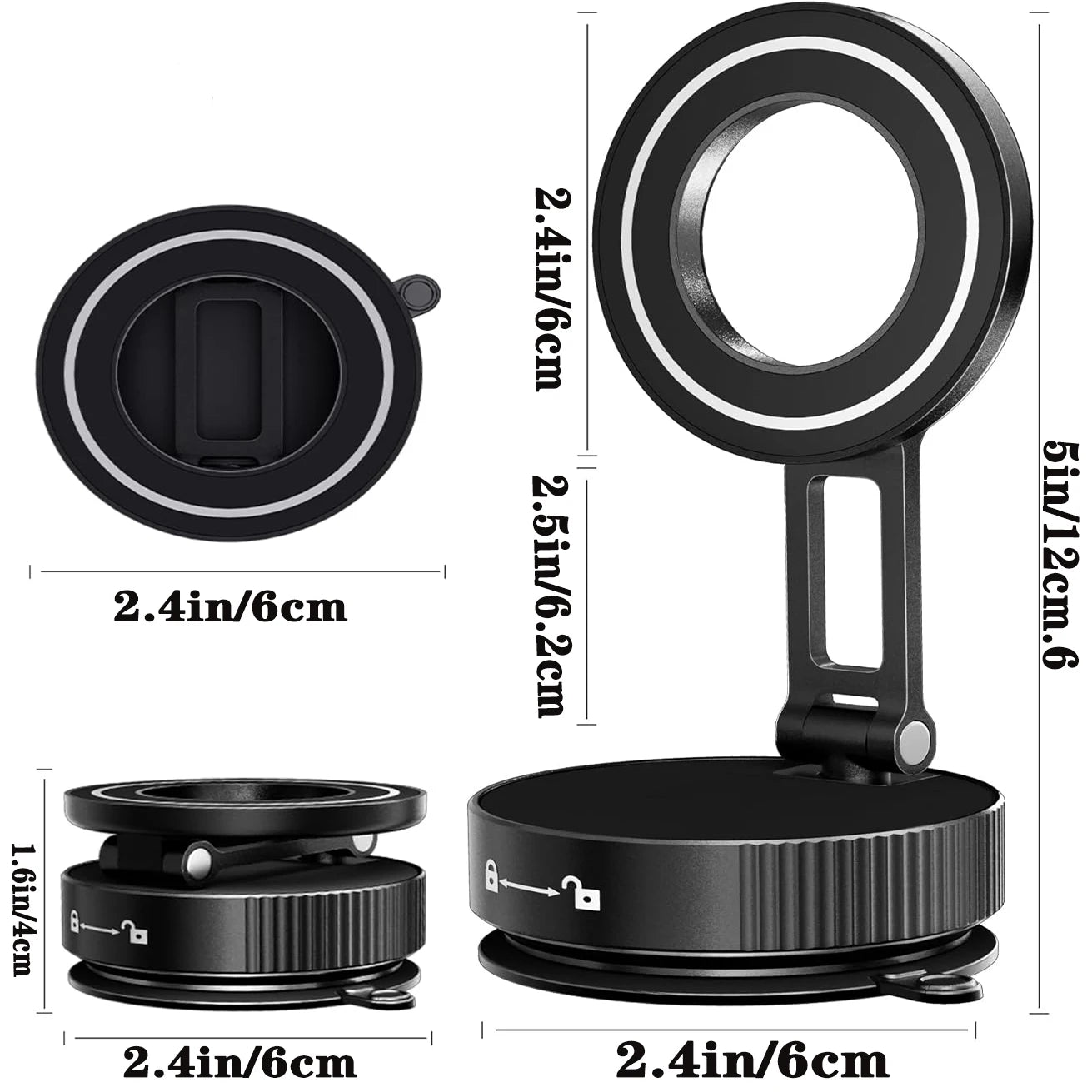 Black, foldable circular phone mount with a suction base and adjustable arm, shown with dimensions in inches and cm.