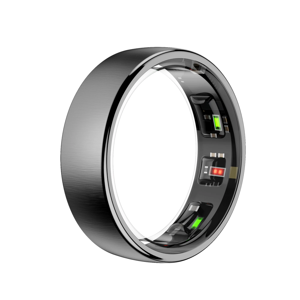 Sleek silver smart fitness ring featuring interior health tracking sensors with glowing green and red lights.