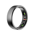 Sleek silver smart fitness ring featuring interior health tracking sensors with glowing green and red lights.