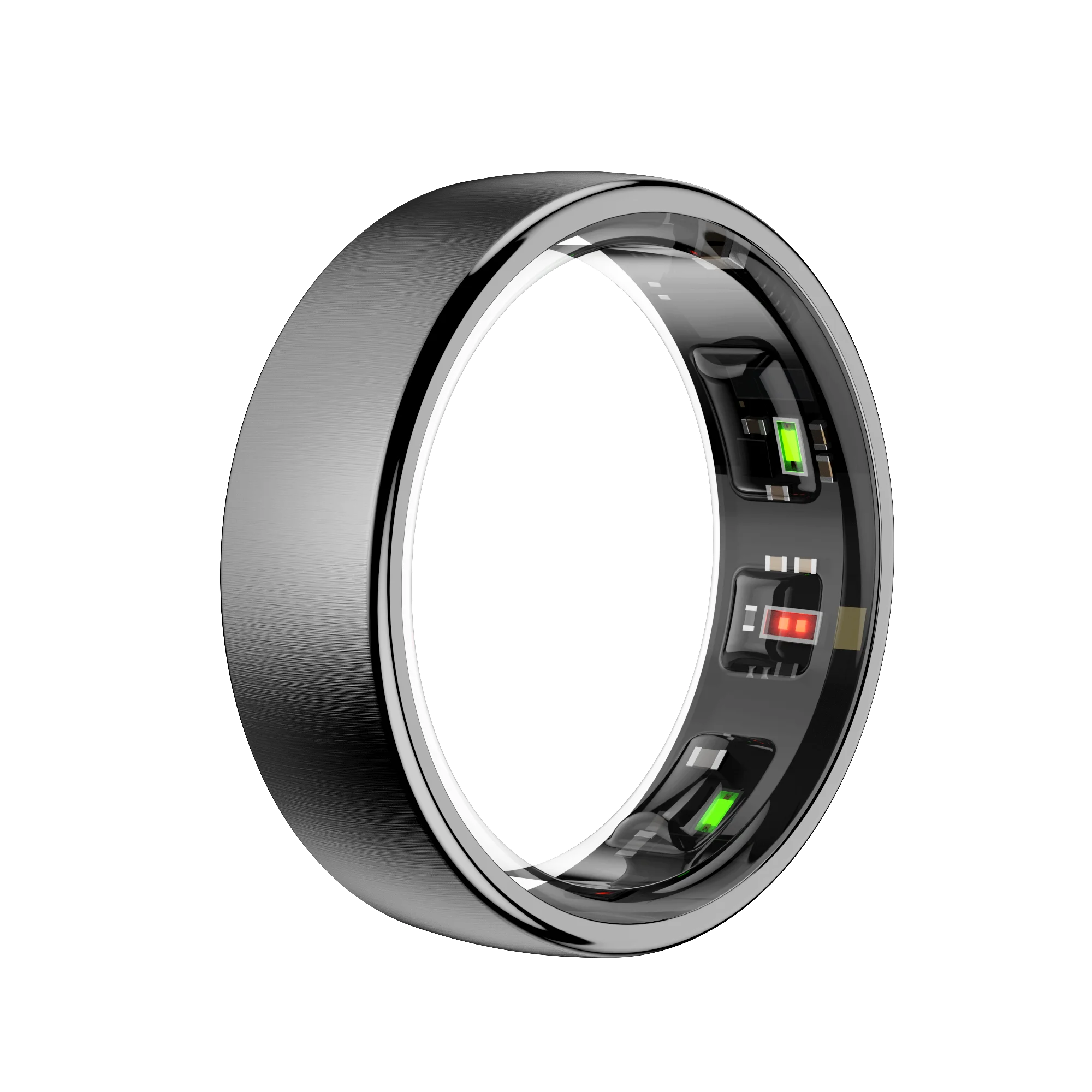 Sleek silver smart fitness ring featuring interior health tracking sensors with glowing green and red lights.