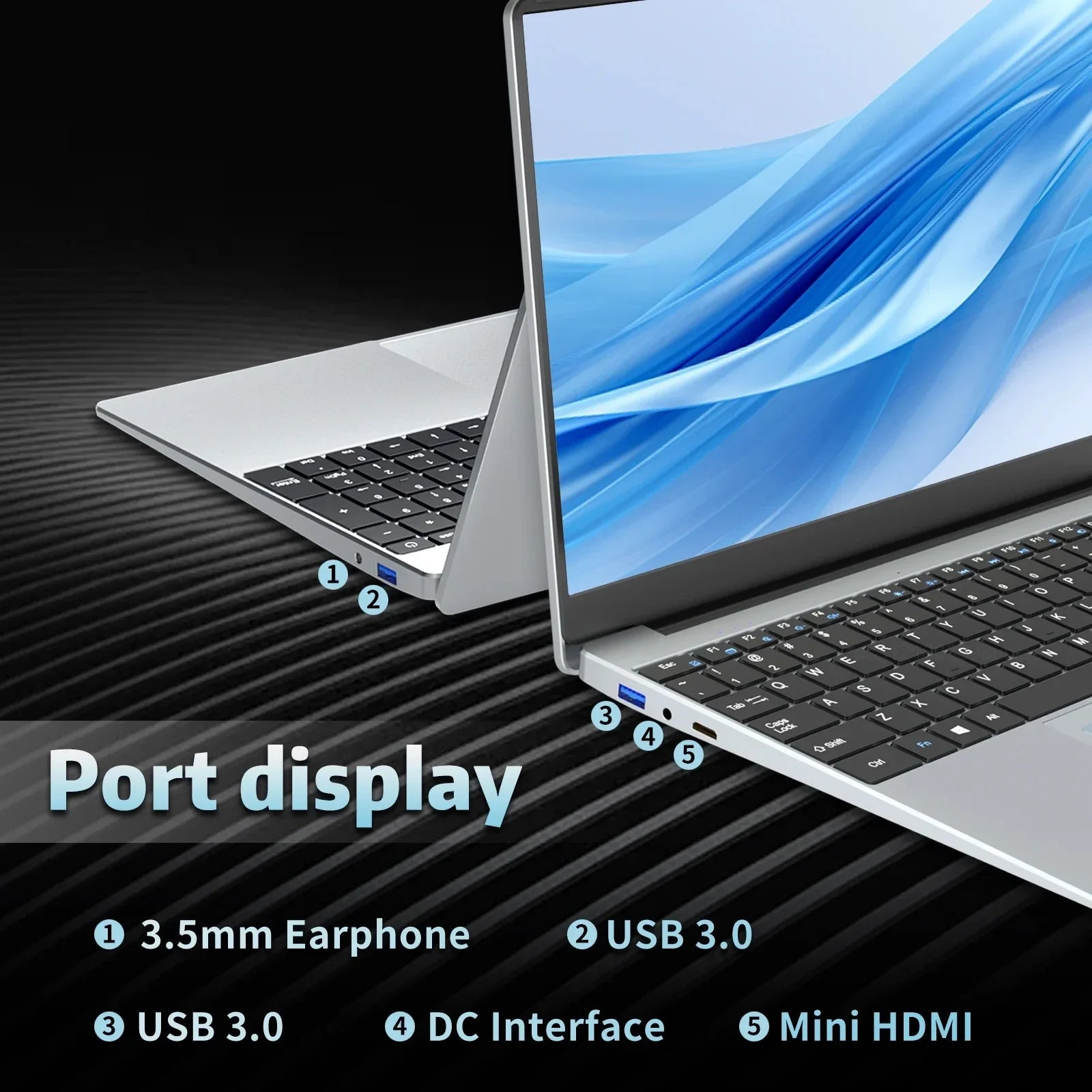 Sleek silver 15.6-inch laptop showing various side ports including USB 3.0, HDMI, and headphone jack.