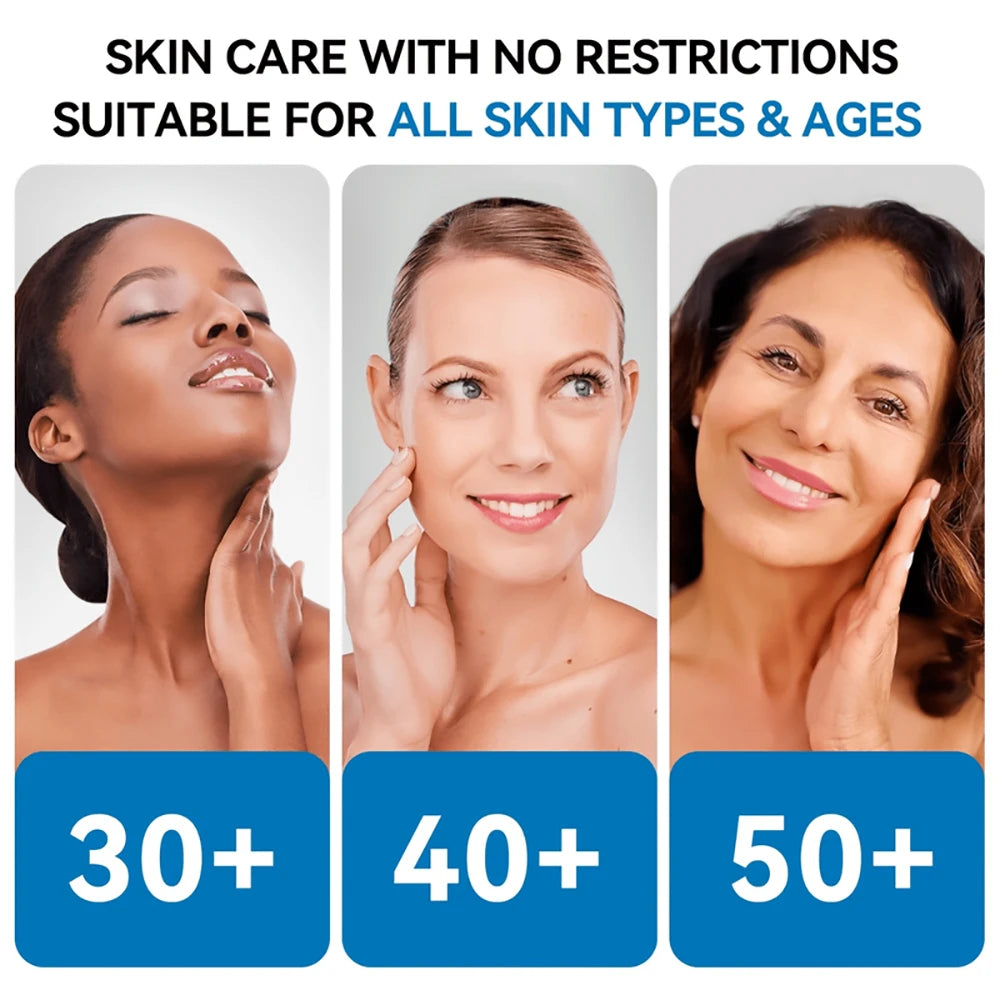 Three women of diverse ages and ethnicities smiling, highlighting skincare suitable for all ages 30+, 40+, and 50+.
