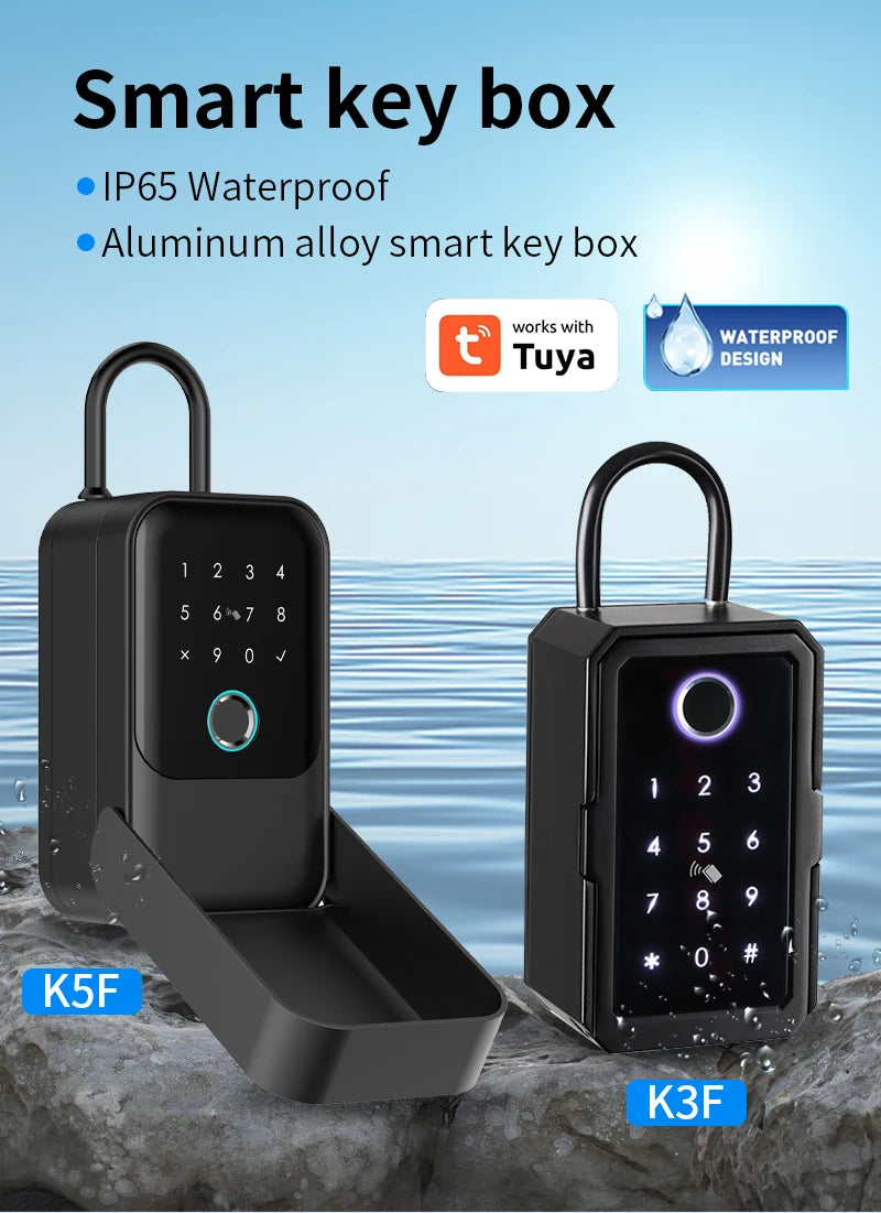 Two black aluminum alloy smart key boxes with digital keypads, fingerprint sensors, and IP65 waterproof rating.