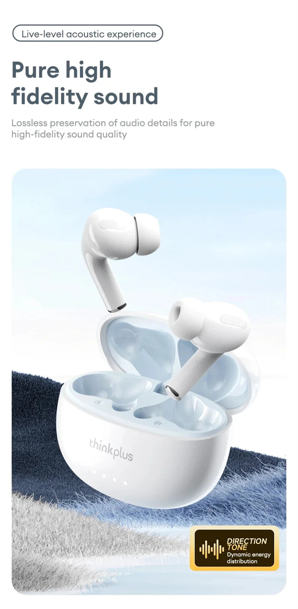White wireless earbuds with an in-ear design, displayed with their open charging case on a textured blue fabric surface.