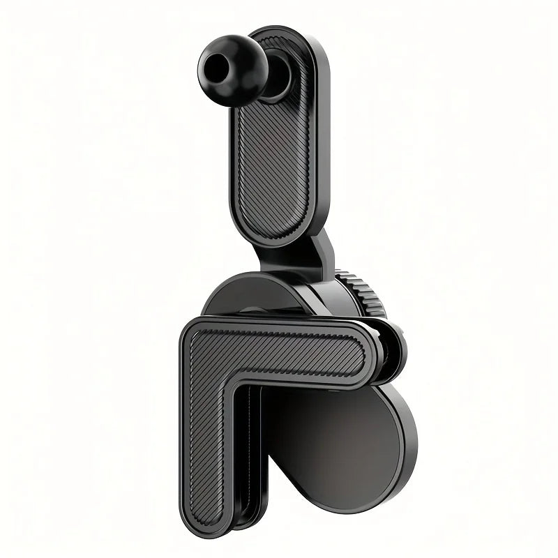 Black plastic car phone mount with L-shaped clip and ball joint attachment, featuring a textured diagonal-line design.