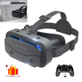 Dark gray VR headset with adjustable straps, blue lenses, front speaker grills, and a matching game controller.