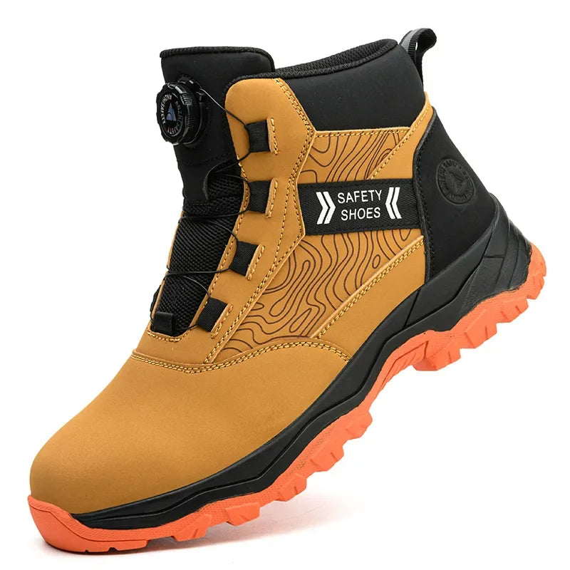 Brown and black high-top safety work boot with a rotary lacing dial, steel toe, and orange treaded sole.