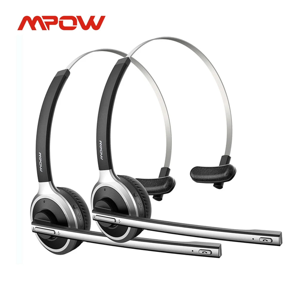 Black and silver wireless headset with an adjustable headband, padded earpiece, and an extendable microphone boom arm.
