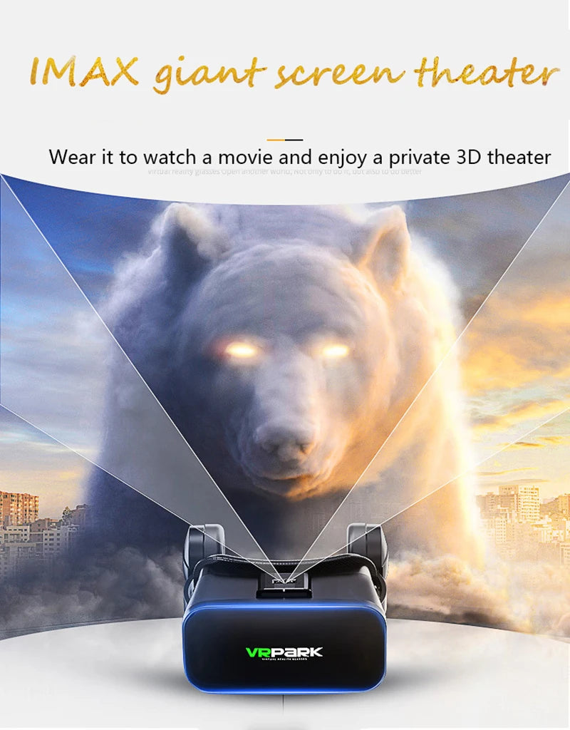 Black VR headset with blue LED light accents, set against a projection of a glowing bear in a cityscape.