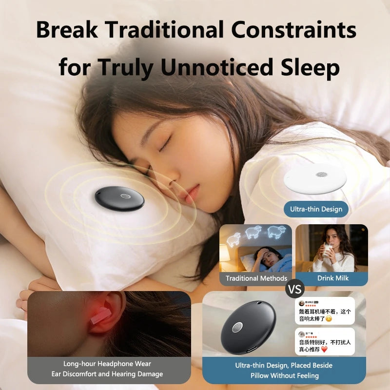 Small, round black and white portable speakers designed to be placed under or near a pillow for sleeping.
