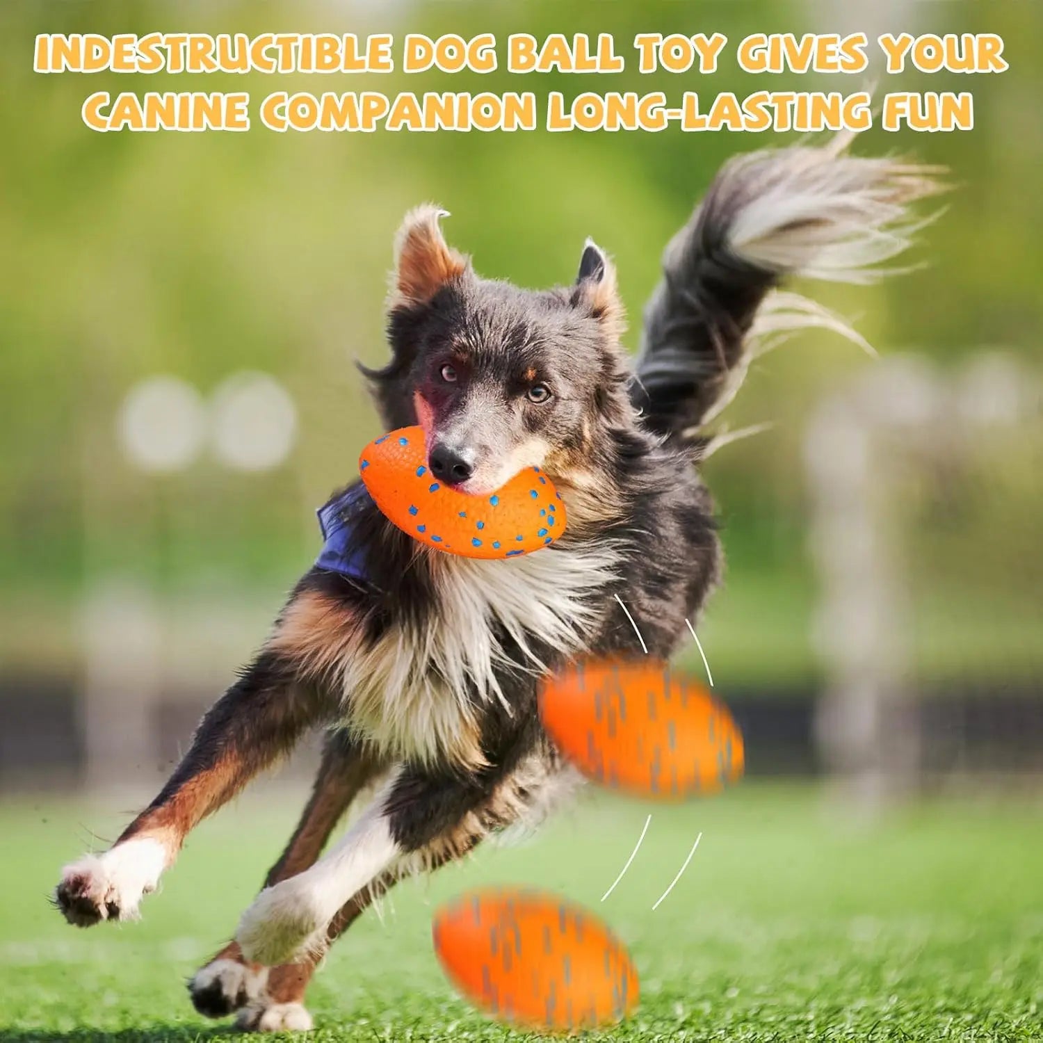 A dog runs across grass holding a textured orange football with blue spots in its mouth.
