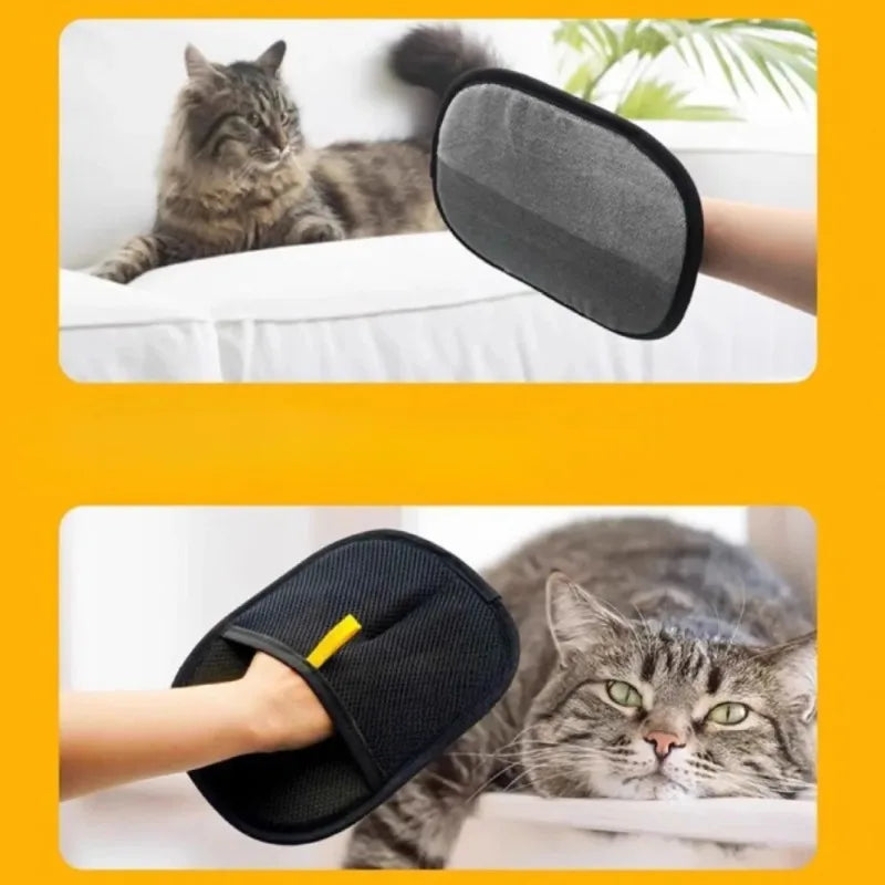 A reversible grey and black grooming glove being used to pet a tabby cat.