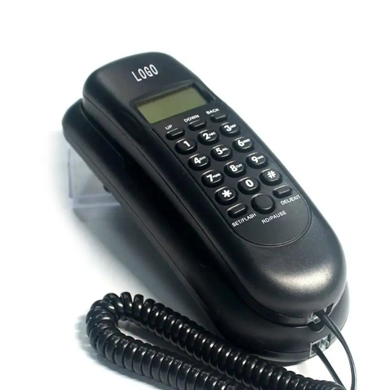 Black wall-mountable corded telephone with an LCD screen, keypad, and coiled handset cord.