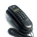 Black wall-mountable corded telephone with an LCD screen, keypad, and coiled handset cord.