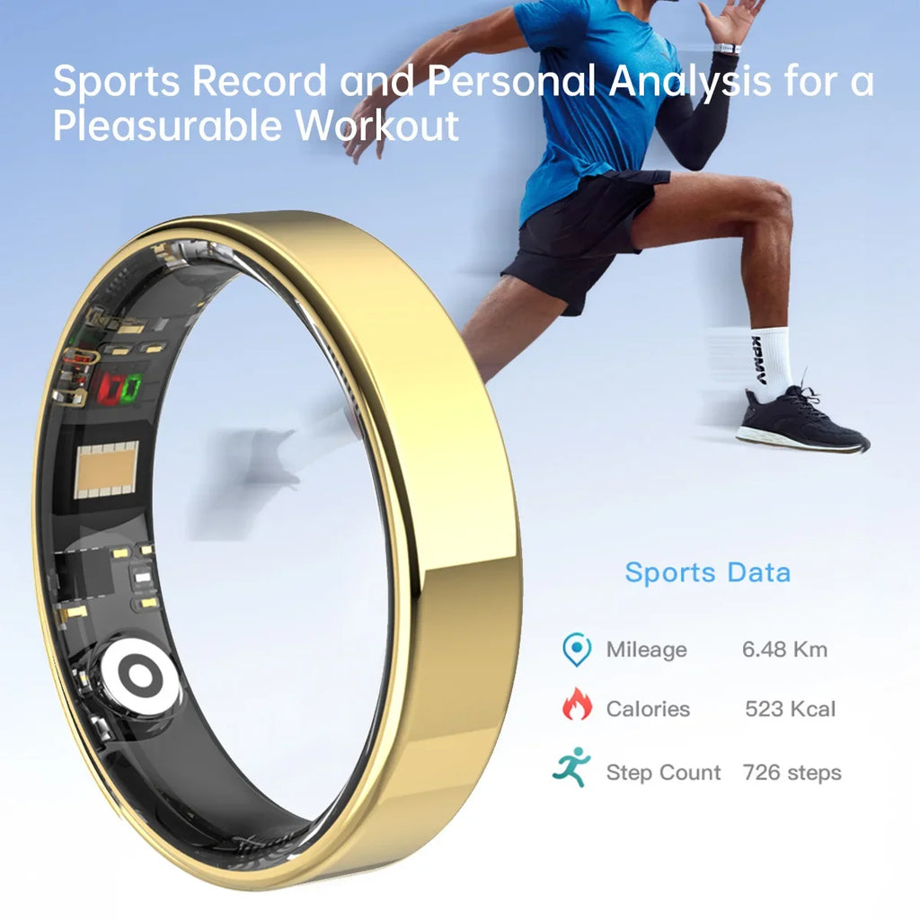 A sleek gold smart fitness ring showing internal health sensors, next to a runner and a sports data summary.