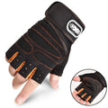 Black and orange fingerless weightlifting gloves with a wrist strap, textured palm grip, and breathable fabric.