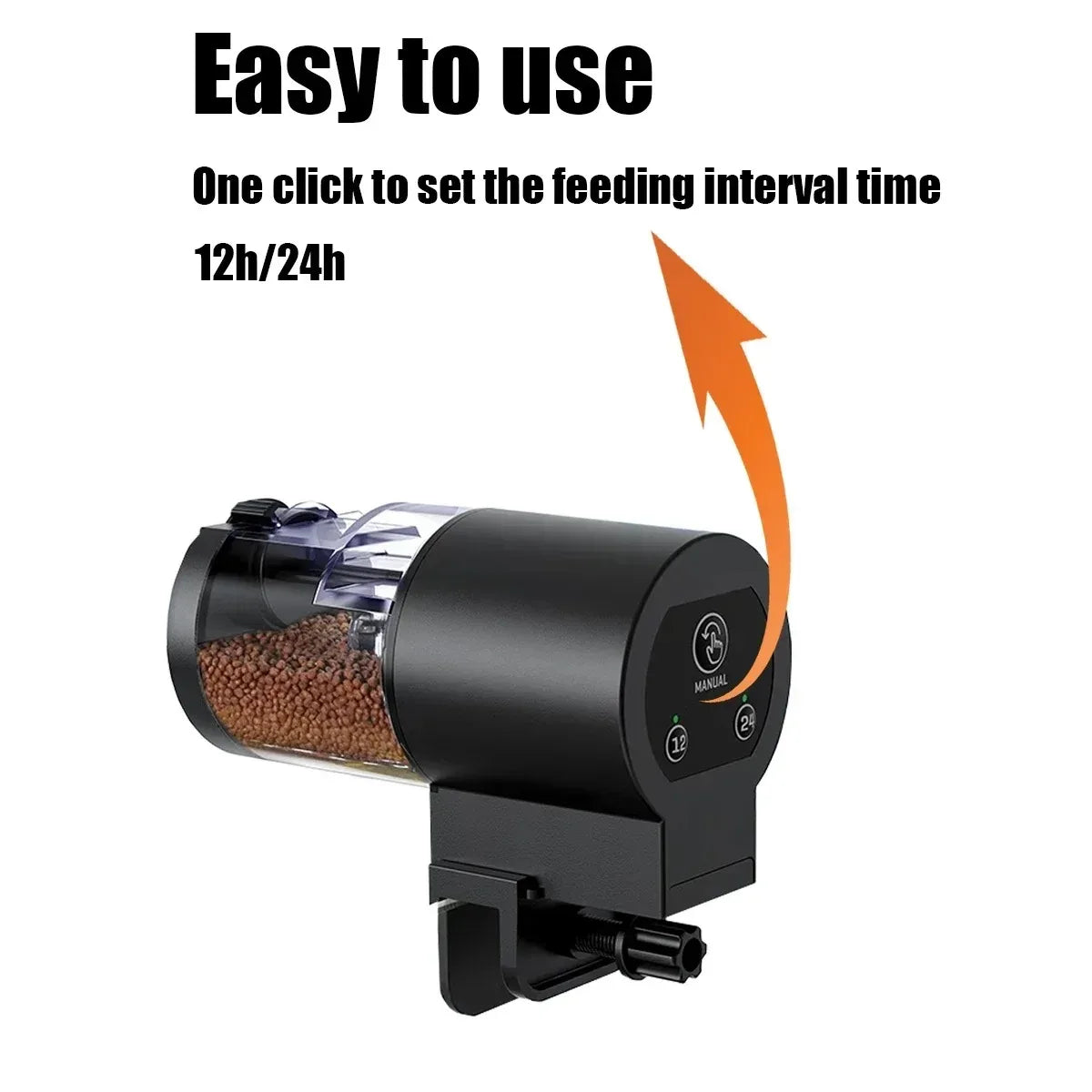 Black automatic fish feeder with a clear food container and digital settings for 12 or 24-hour feeding intervals.