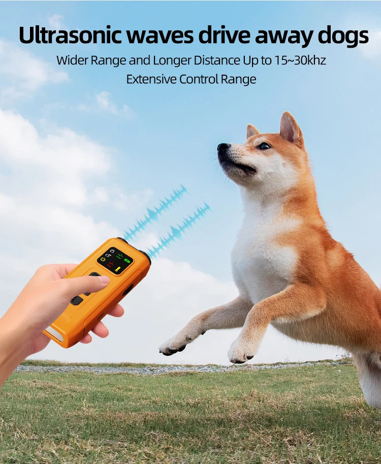 Handheld orange rechargeable dog training device emitting ultrasonic waves towards a dog in a field.