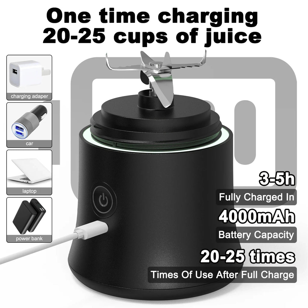 A black portable blender with a 4-blade assembly, charging via USB, shown with charging icons and text overlays.