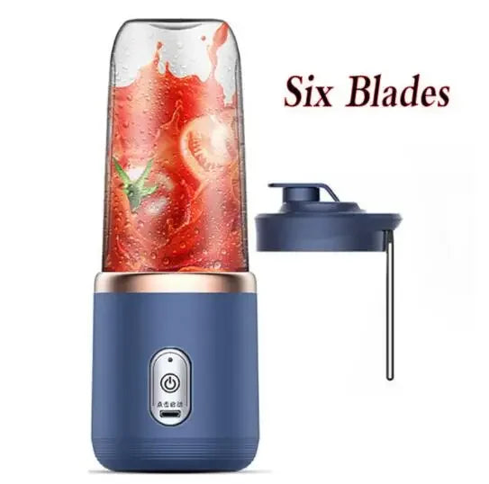 Portable blue smoothie blender with 6 blades, transparent container with red drink, and a matching cap.