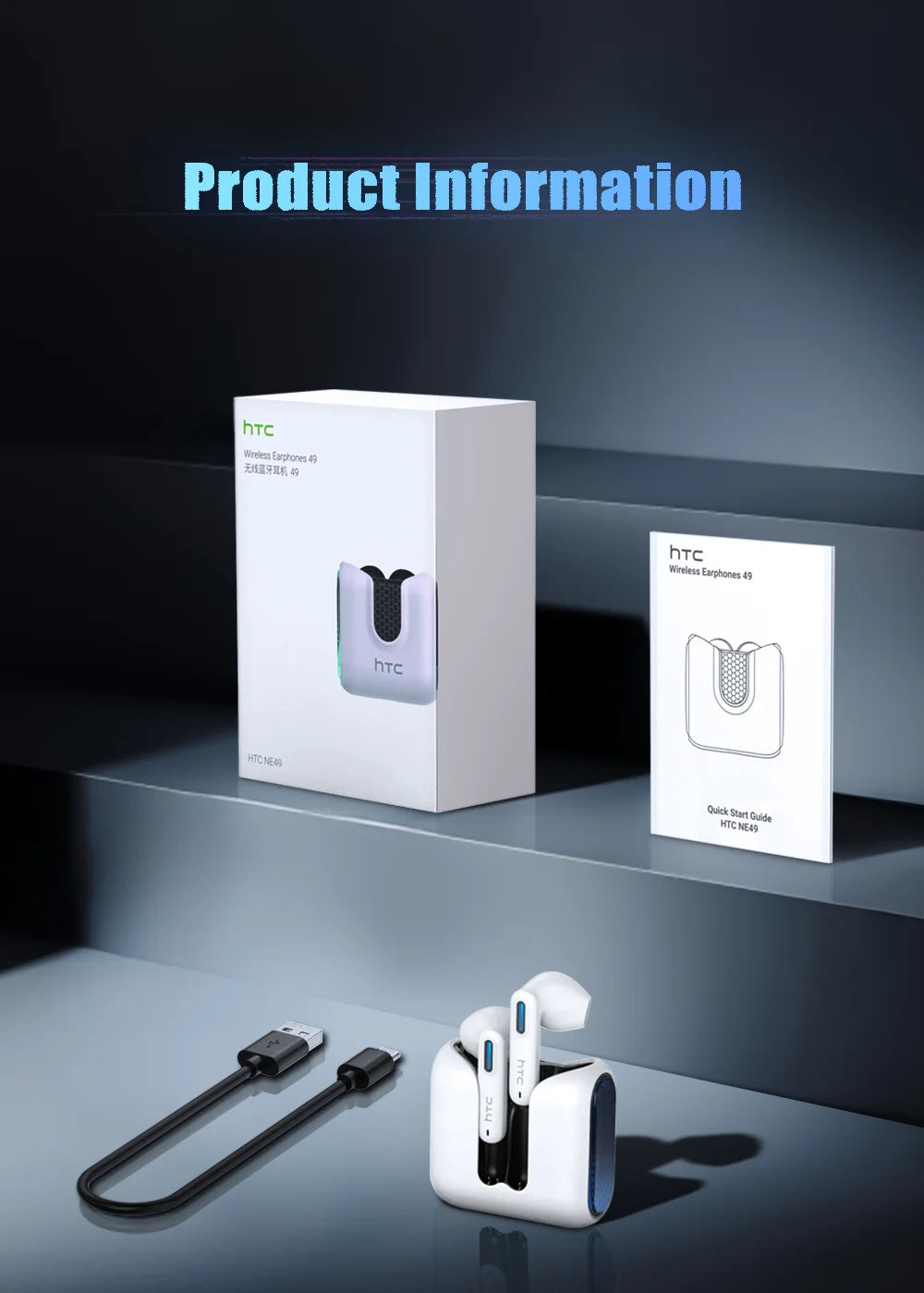 White wireless earbuds in a compact charging case with a USB-C cable, retail box, and manual on a tiered gray display.