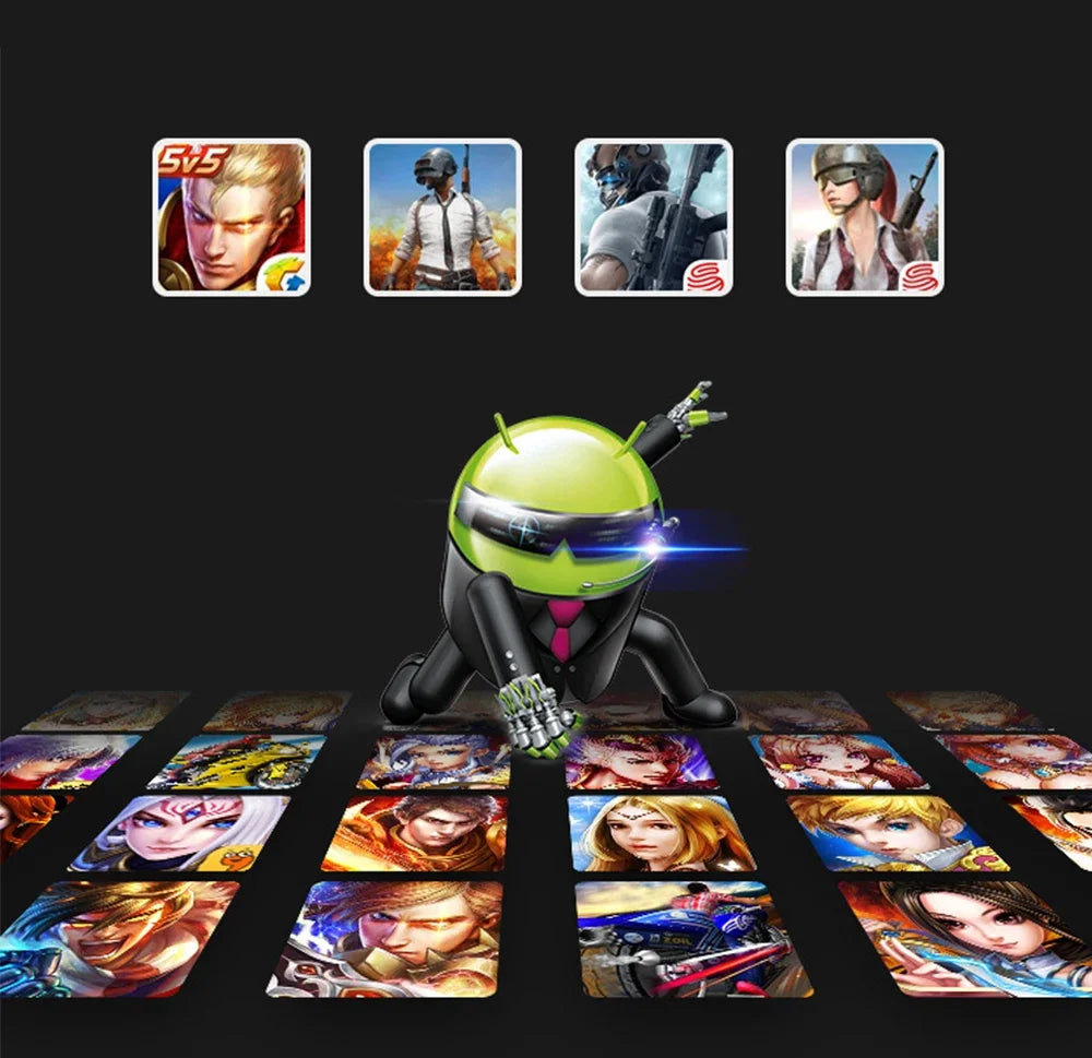 Futuristic green android character in a suit over a grid of diverse colorful gaming character icons on black background.